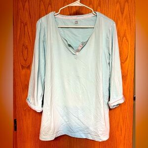 Karen Neuburger pajama top in light blue with pink and white stripe detail.